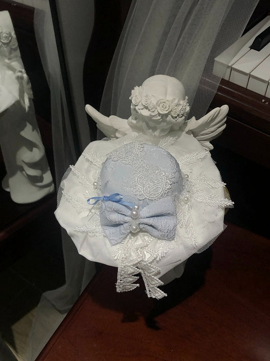 Blue & White Bow Mini Hat with Pearl Embellishments for Lolita - Starry Mist Rose