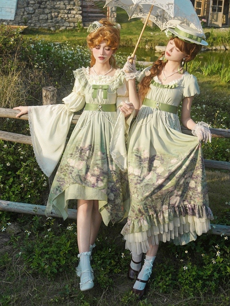 Waist Jumper Oil Hem Handkerchief Skirt Lolita Print Empire Green Painting