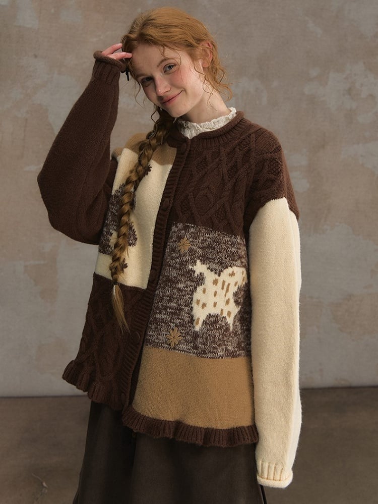 Pony Brown Knitted Patchwork Beige with Vintage Cardigan Motif