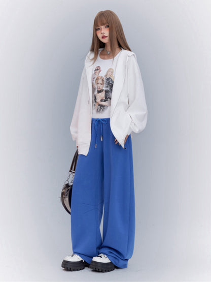 Blaue, lockere Jogginghose mit geradem Bein und Kordelzug in der Taille