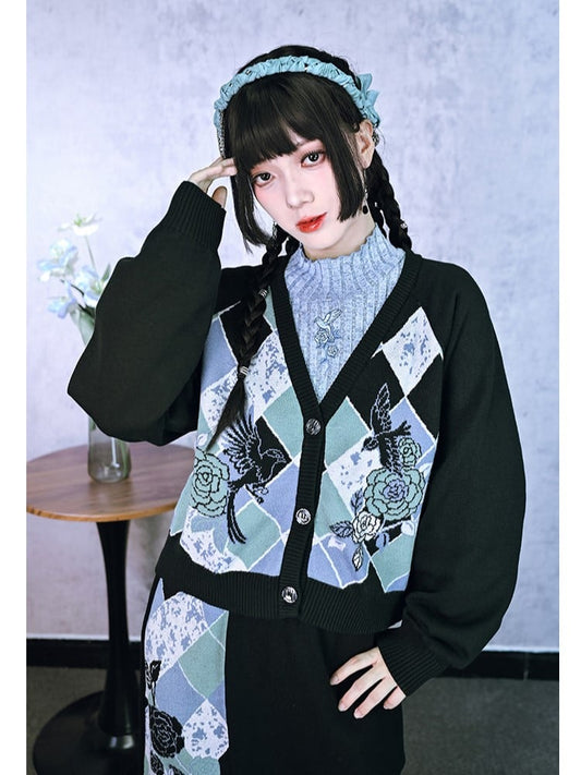 Knit Pattern Multi-Color Cardigan with Cheongsam Black Print V-Neck Jacquard Diamond Floral