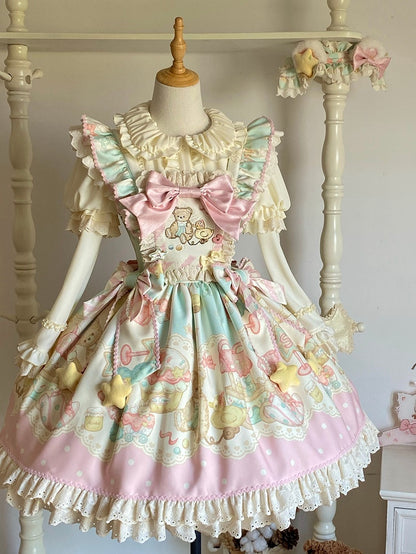 ピンクとグリーンのテディプリントのスイートロリータジャンパースカート