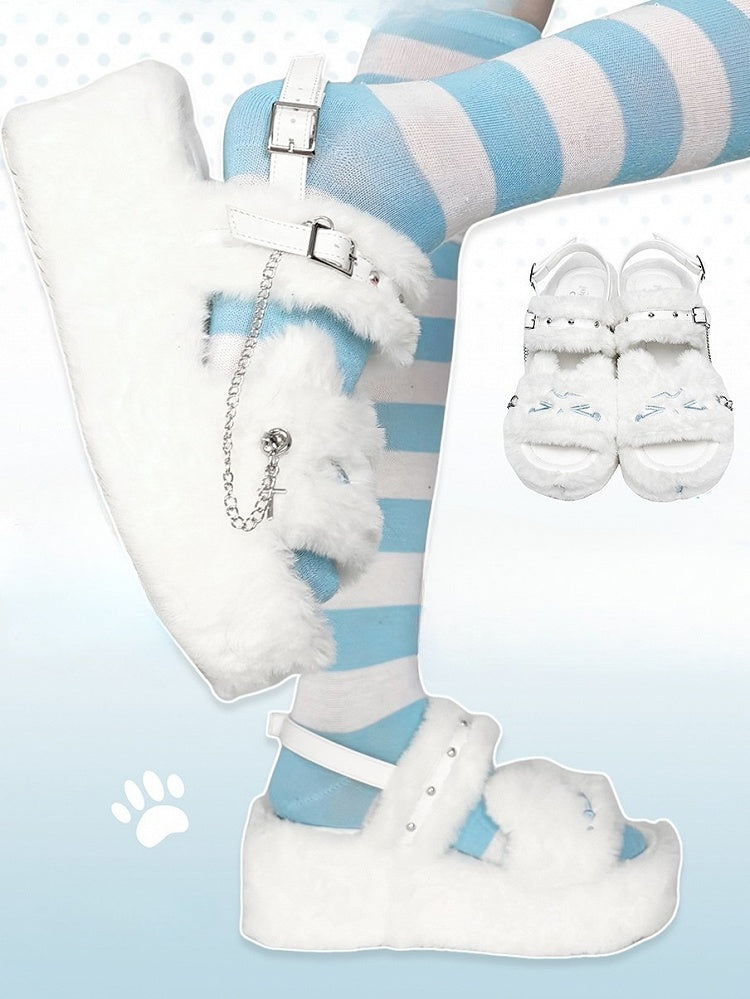 Embroidered Cross House in Details White Platform Style Kawaii Studs With Crying Plush Kitty Shoes Design