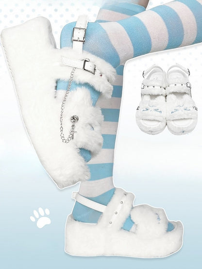 Embroidered Cross House in Details White Platform Style Kawaii Studs With Crying Plush Kitty Shoes Design