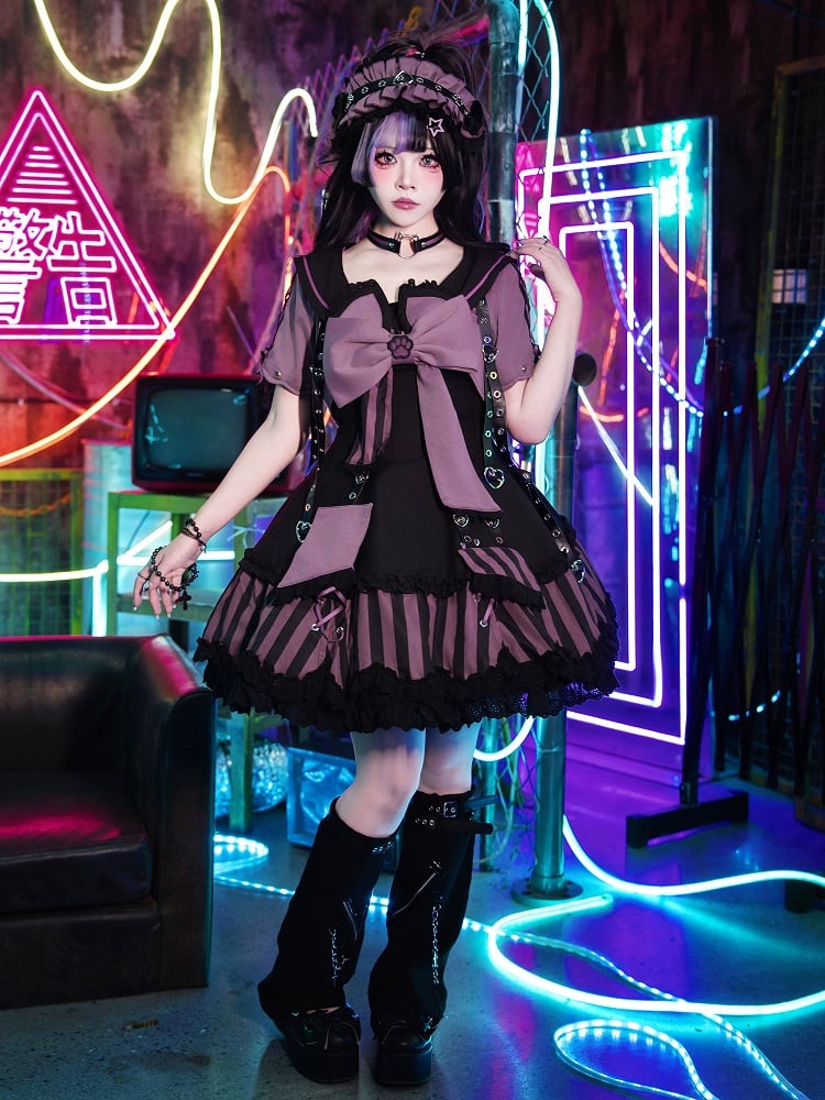 Kitty Gothic Striped + JSK Top Bow and Dress Pattern Ears Black Sailor Collar Lolita Big Purple Cropped
