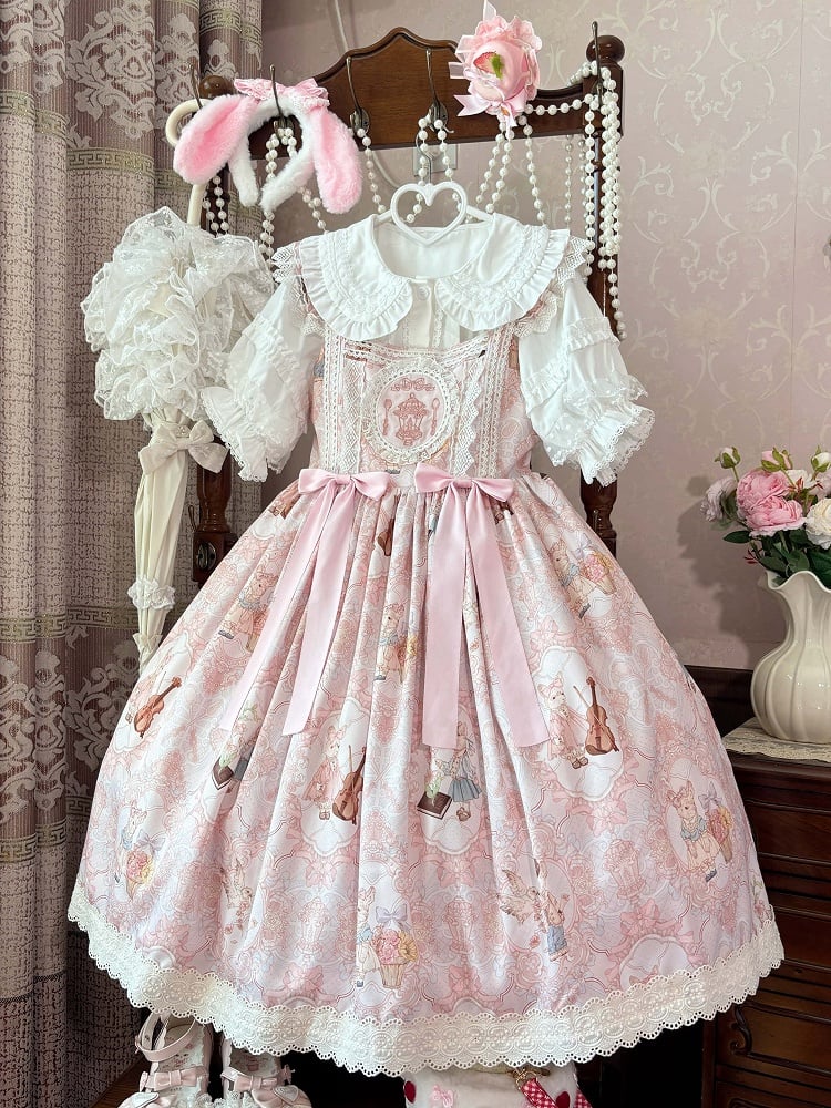 JSK Violin Dress Sweet and Lolita Waist High Bunny Print Pink