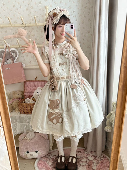 Lolita Dropped Embroidery Teddy Sweet with Green Bear Dress Waist