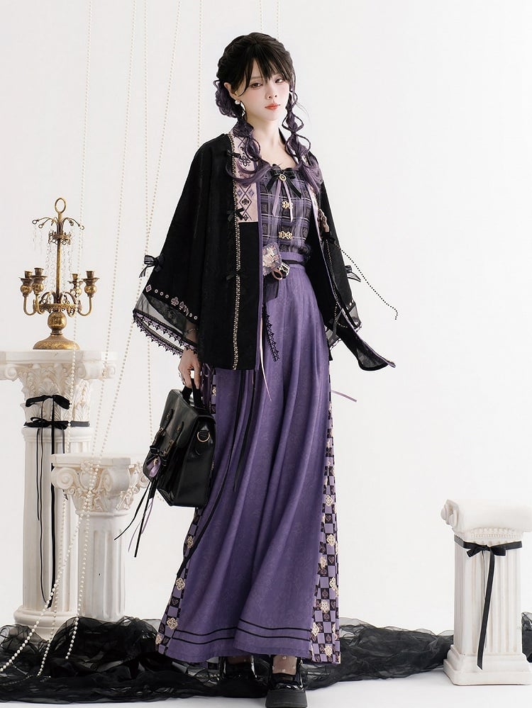 Checked Pattern Chinese Song-style Elastic Waist Wide-leg Pants - Luo Xiu Dong Xiang