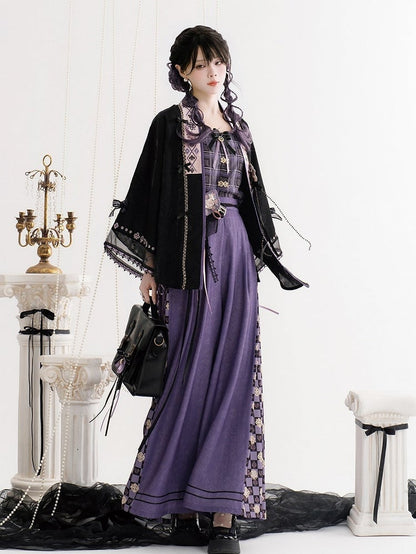 Checked Pattern Chinese Song-style Elastic Waist Wide-leg Pants - Luo Xiu Dong Xiang
