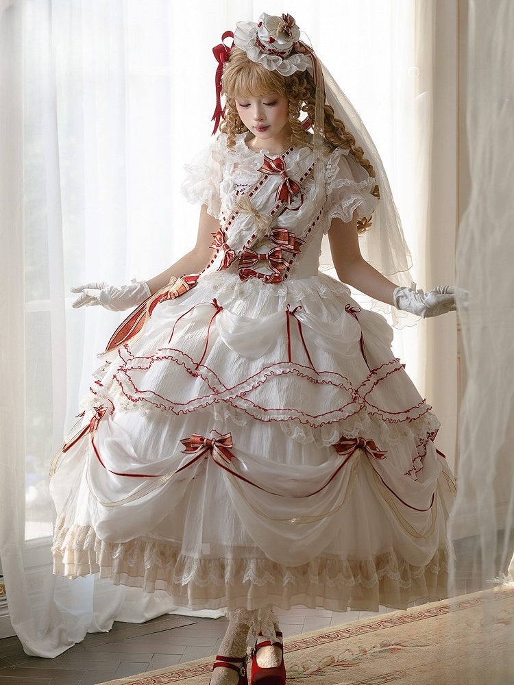Cake Dress Lolita Embroidered Red White Cherry Hime with Bows Ruffled Multi-Layered