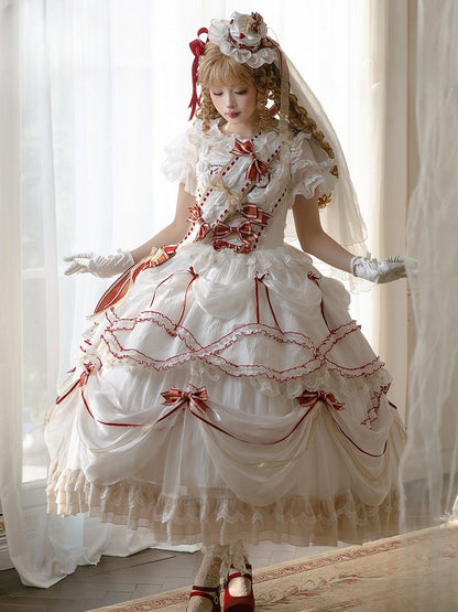 Cake Dress Lolita Embroidered Red White Cherry Hime with Bows Ruffled Multi-Layered