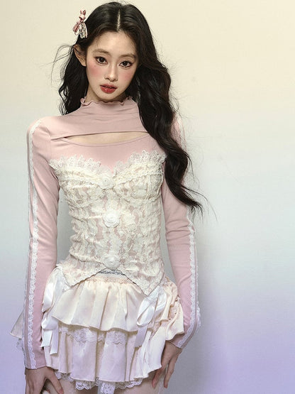 Rosa Patchwork-Top aus Spitze mit floralen Verzierungen und Cutout-Detail