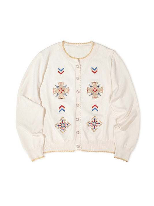 White Embroidered Pattern Elegant Lolita Knit Cardigan - Crucis Universal Tailor Company