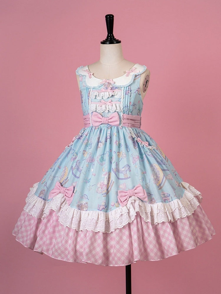 Adorable Lolita JSK Gown in Blue and Pink with Bow and Pocket Accents - Vcastle