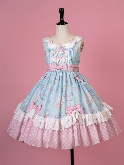 Adorable Lolita JSK Gown in Blue and Pink with Bow and Pocket Accents - Vcastle