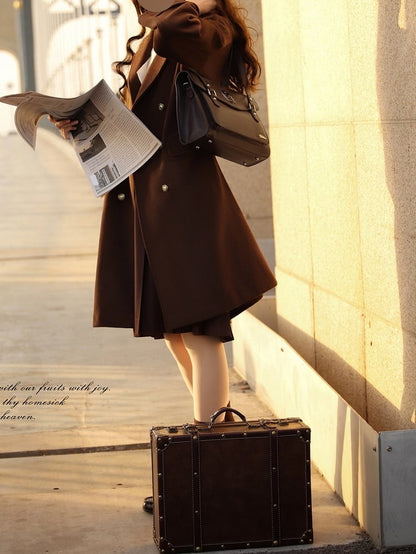 Brown Notched Collar Double-Breasted Woolen Coat