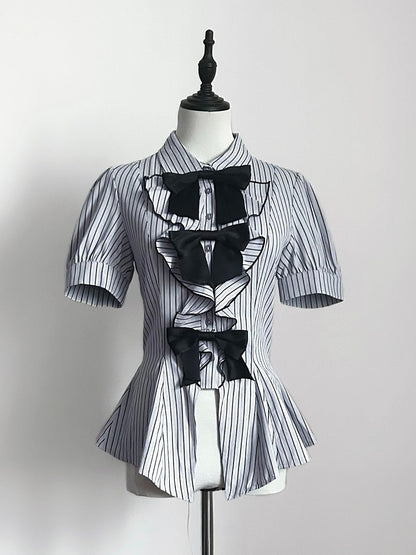 Gray Ouji Lolita Striped Short Sleeve Blouse with Bow Detail - Danger Girl