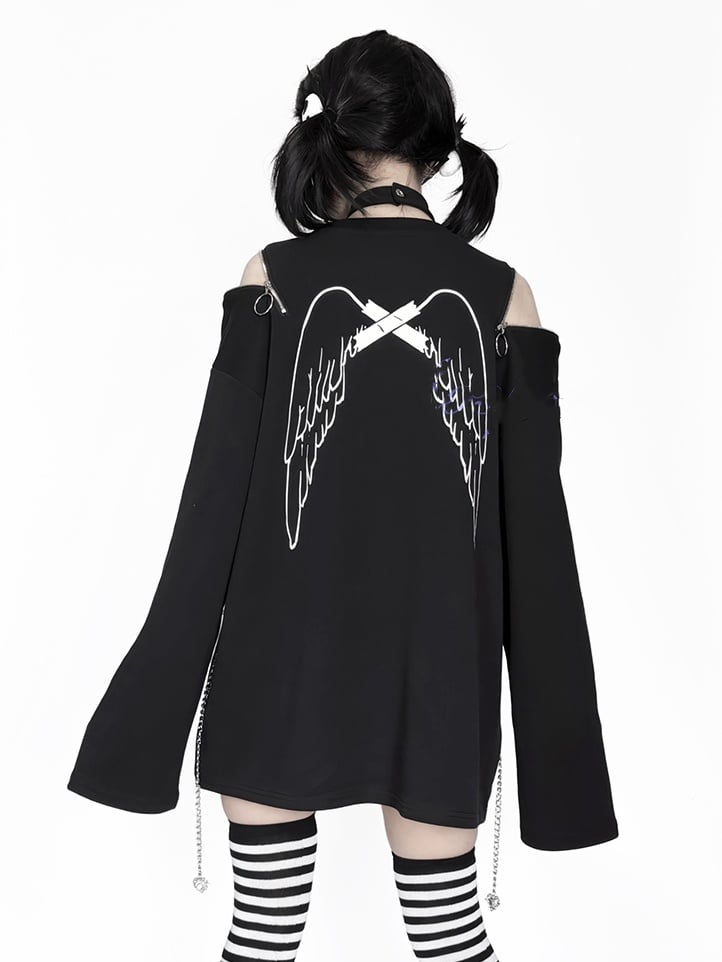Anime Girl Print Black Zip Shoulder and Choker Chain Long Sleeve Top with Convertible