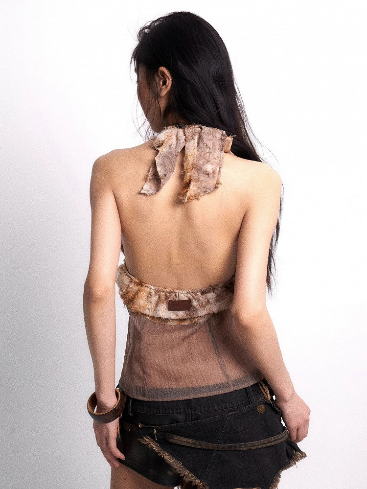 Punk Hem Fleece Button Patchwork with Top Detail Khaki Rhinestone Halter