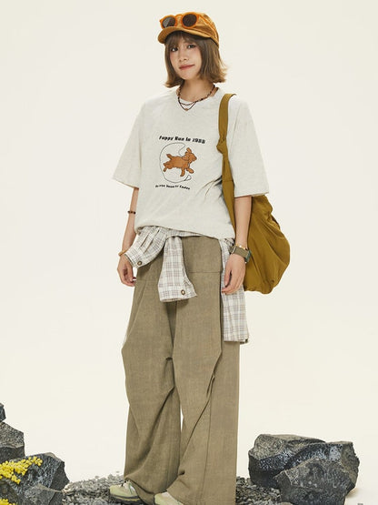 Cut Pants Belt Drawstring Vintage - Straight-leg Self-tie Unisex Khaki