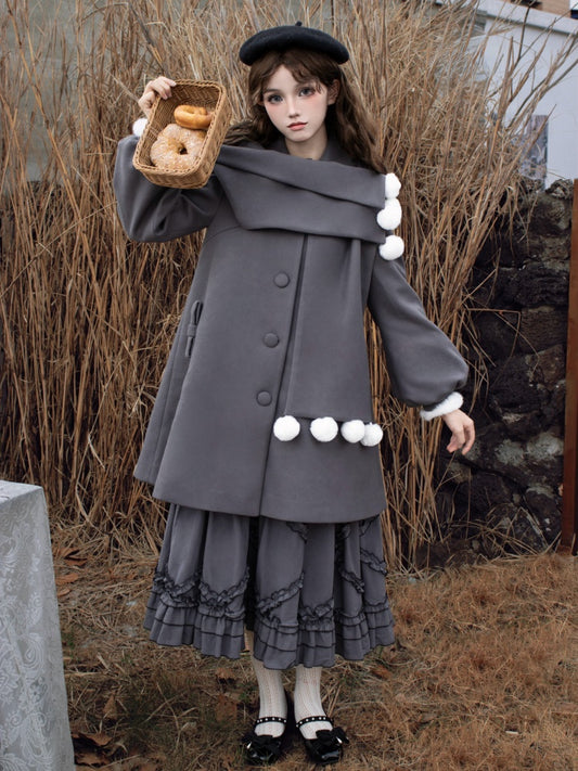 ポンポンスカーフカラー、グレーフリース裏地ウールコート