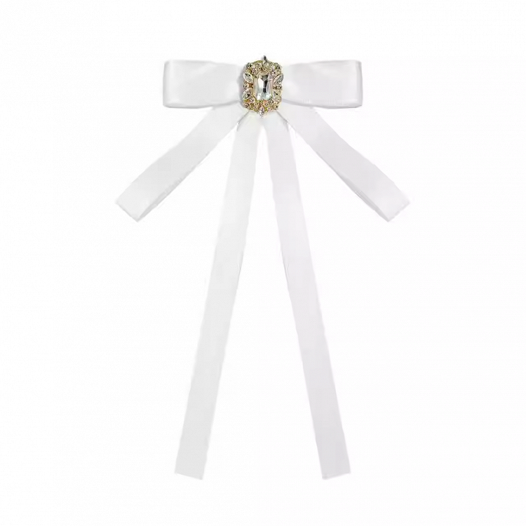 Rhinestone Satin Square Decor Bow White with Tie