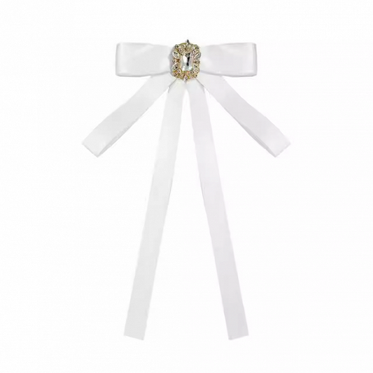 Rhinestone Satin Square Decor Bow White with Tie