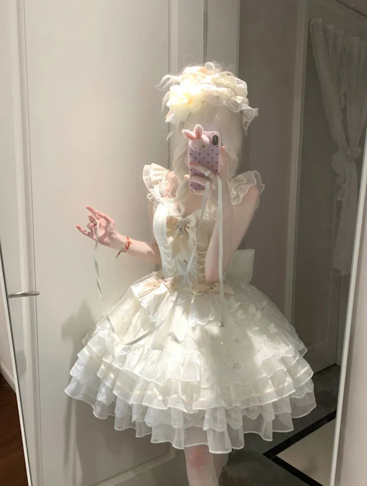 Beige Details 92CM Prinzessin Ausverkaufsgröße Pullover Schnürkleid für weiten Rock Set Pailletten Büste XL Schmetterling