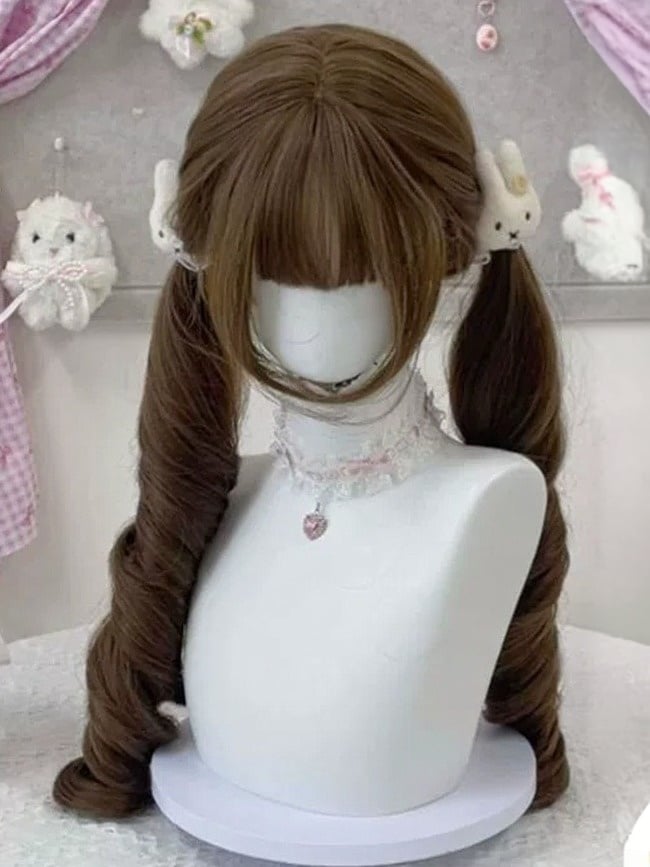 Honey Tea Curly Wig with Full Bangs and Twin Tails - Meow Island Wig
