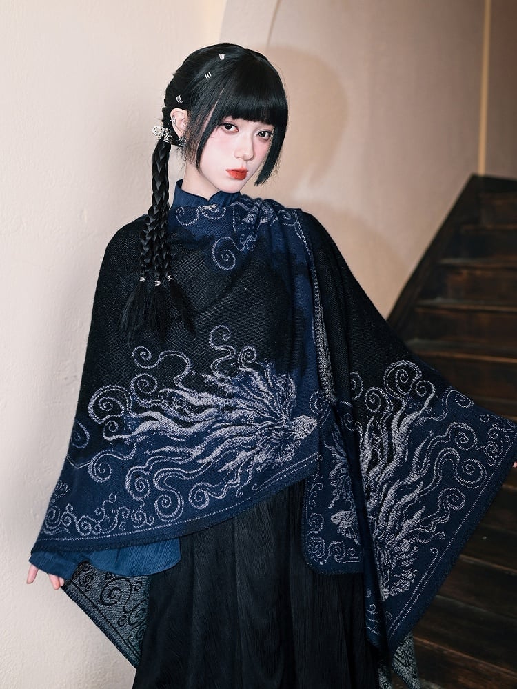 Navy Blue Koi Fish Print Gothic Shawl - Japanese Style Wrap | LilyVow