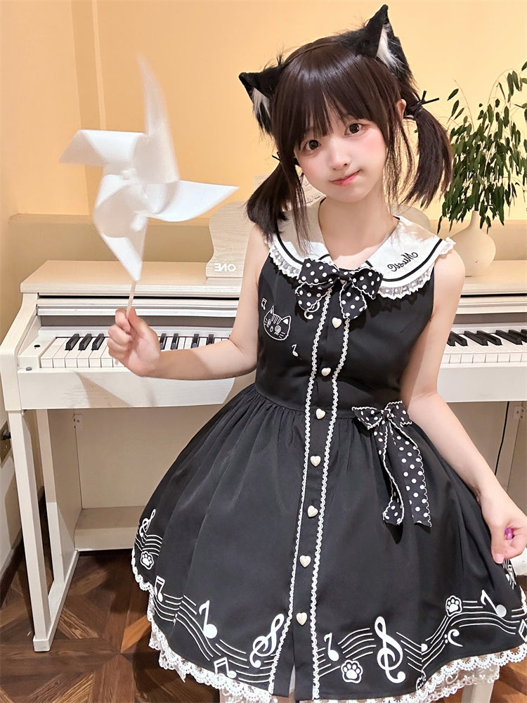 Design Ärmelloses Melodic Kitty Schwarzes Matrosenkragen-Keyboardkleid Zurück