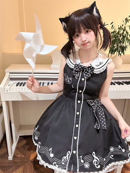 Design Ärmelloses Melodic Kitty Schwarzes Matrosenkragen-Keyboardkleid Zurück