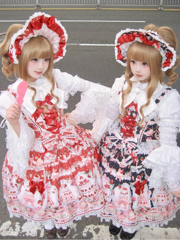 Set Black and Strawberry Desserts Full Sweet Print Lolita JSK /