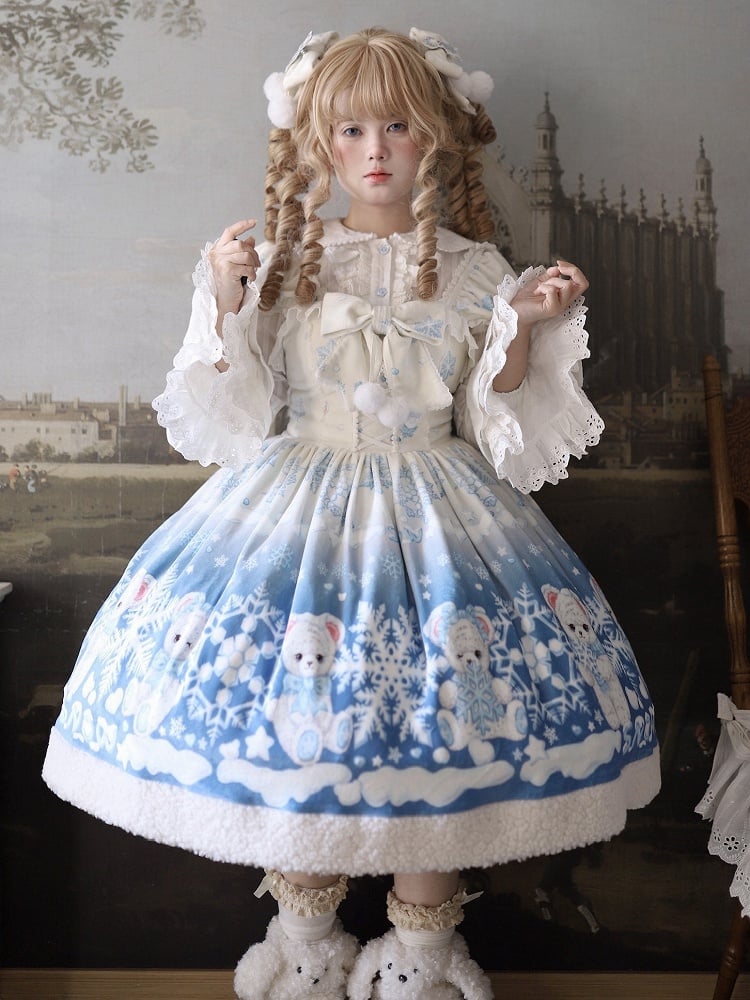 Süßes Lolita-Kleid mit Teddy- und Schneeflocken-Muster und Winterfleece-Saum
