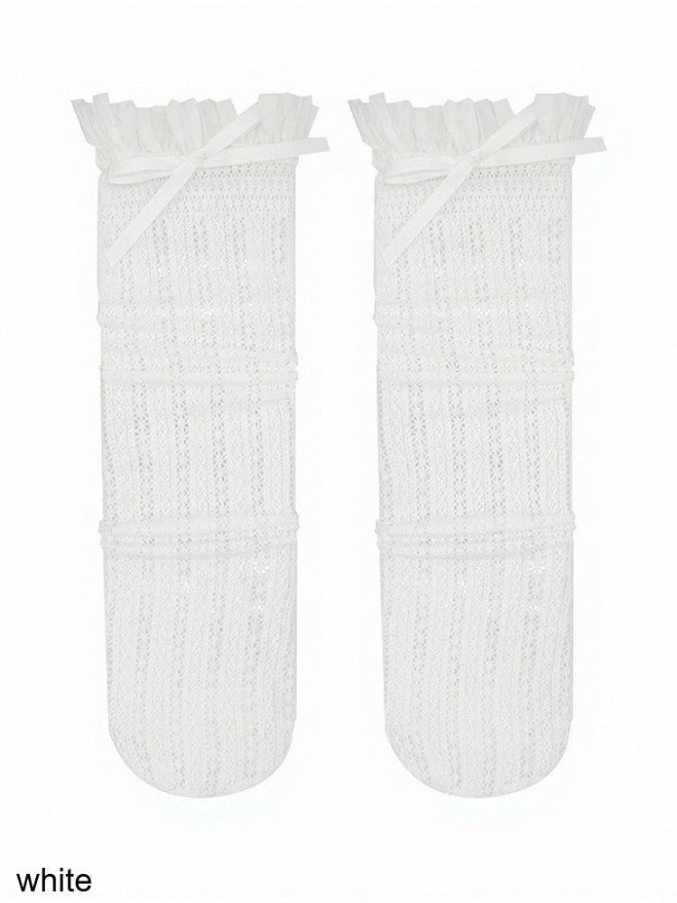 Lace Pattern Bow Calf Socks with Ruffled Cuff - ModaSwings