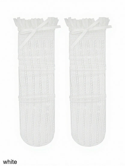 Lace Pattern Bow Calf Socks with Ruffled Cuff - ModaSwings