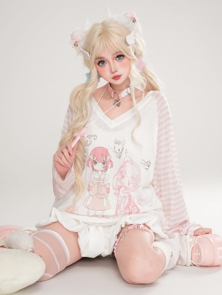 And Light Long Thin V-neck Blue/Pink Girl Top With Cartoon Sleeves Print Patterns Striped