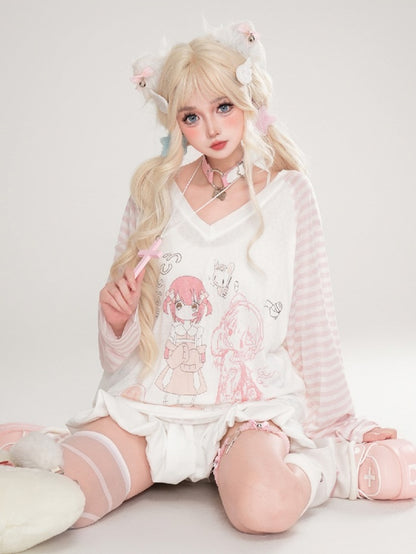 And Light Long Thin V-neck Blue/Pink Girl Top With Cartoon Sleeves Print Patterns Striped