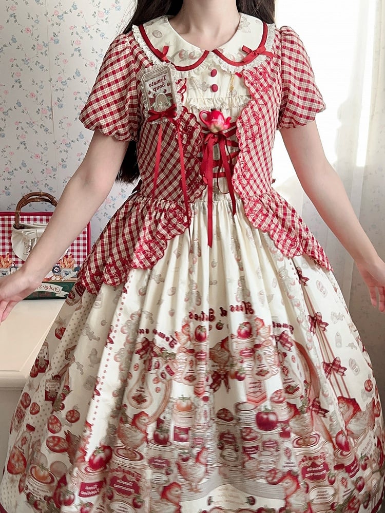 Rotes Country Lolita-Kurzkleid mit karierten Ärmeln und Muster und Aufdruck „Dosentomatoes“