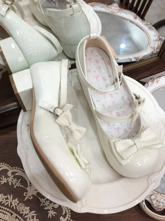 Mary Accents Bow White PU Delicate - Heel Lolita Janes with Sweet Low/Mid
