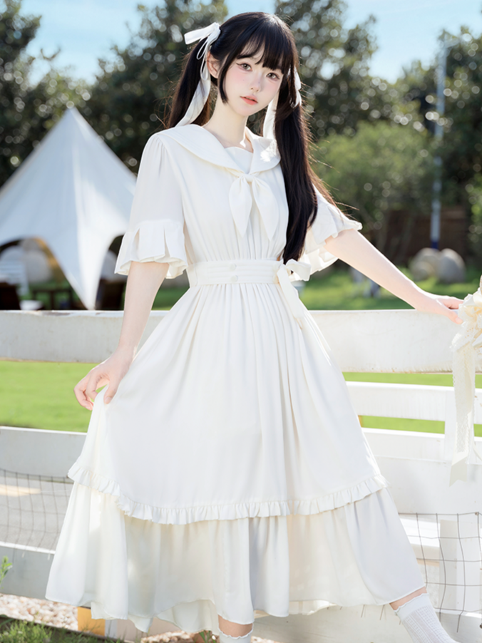 Trim White Ruffle Preppy Dress with Collar Sailor Midi