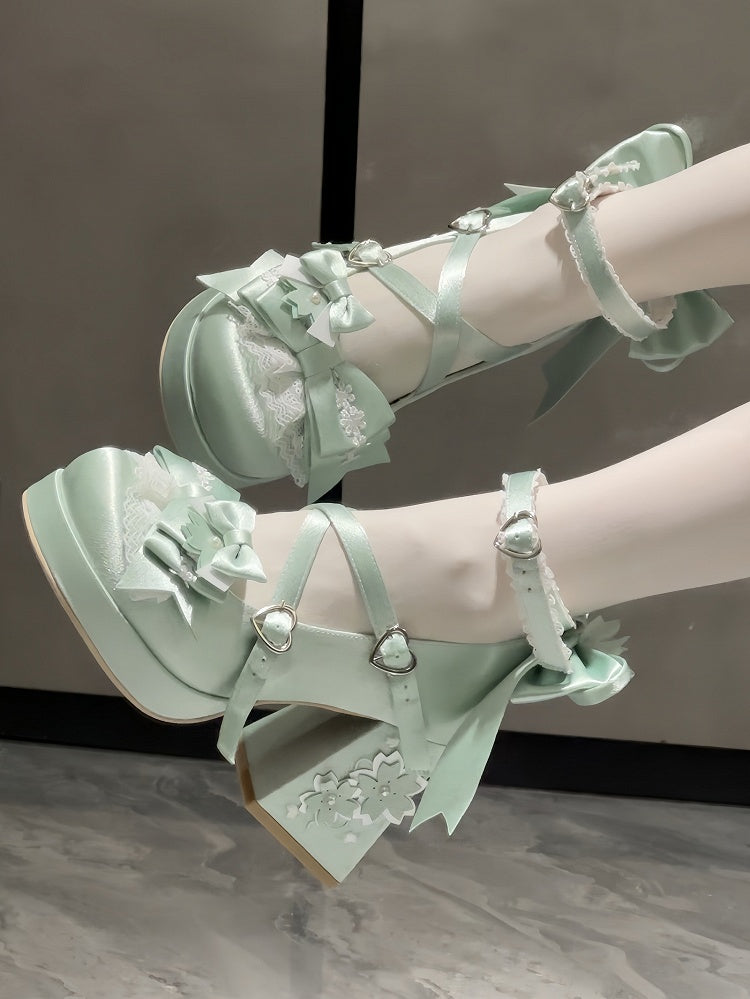 Jane Block Motif in Fastener Heart with Blossom Heel Green Bow Satin High Sweet Accents Shoes Cherry Mary Loltia