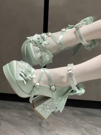 Jane Block Motif in Fastener Heart with Blossom Heel Green Bow Satin High Sweet Accents Shoes Cherry Mary Loltia