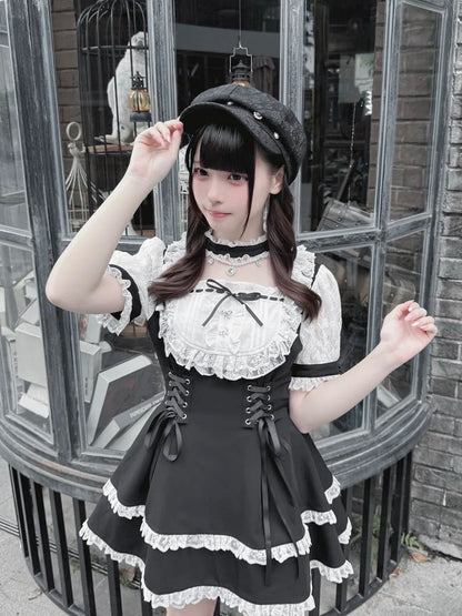 Black White Jirai Kei Lace Trim Dress Bead Choker Shorts - shirohato