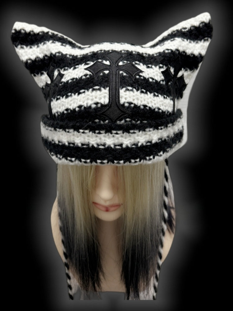 Black and White Cross Appliques Cat Ears Striped Beanie