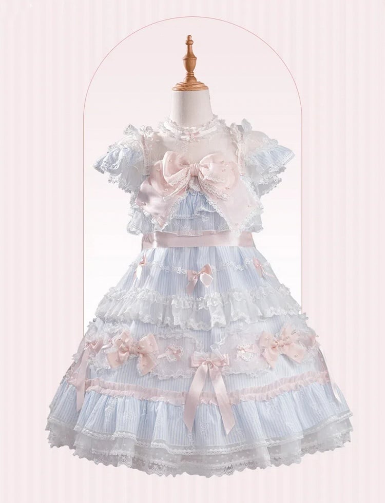 ストライプのリボン柄のスイートな装飾のドレス ロリータ ブルー ピンク