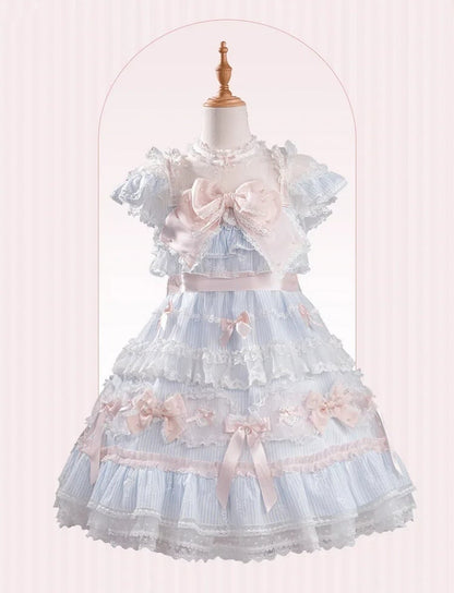 ストライプのリボン柄のスイートな装飾のドレス ロリータ ブルー ピンク