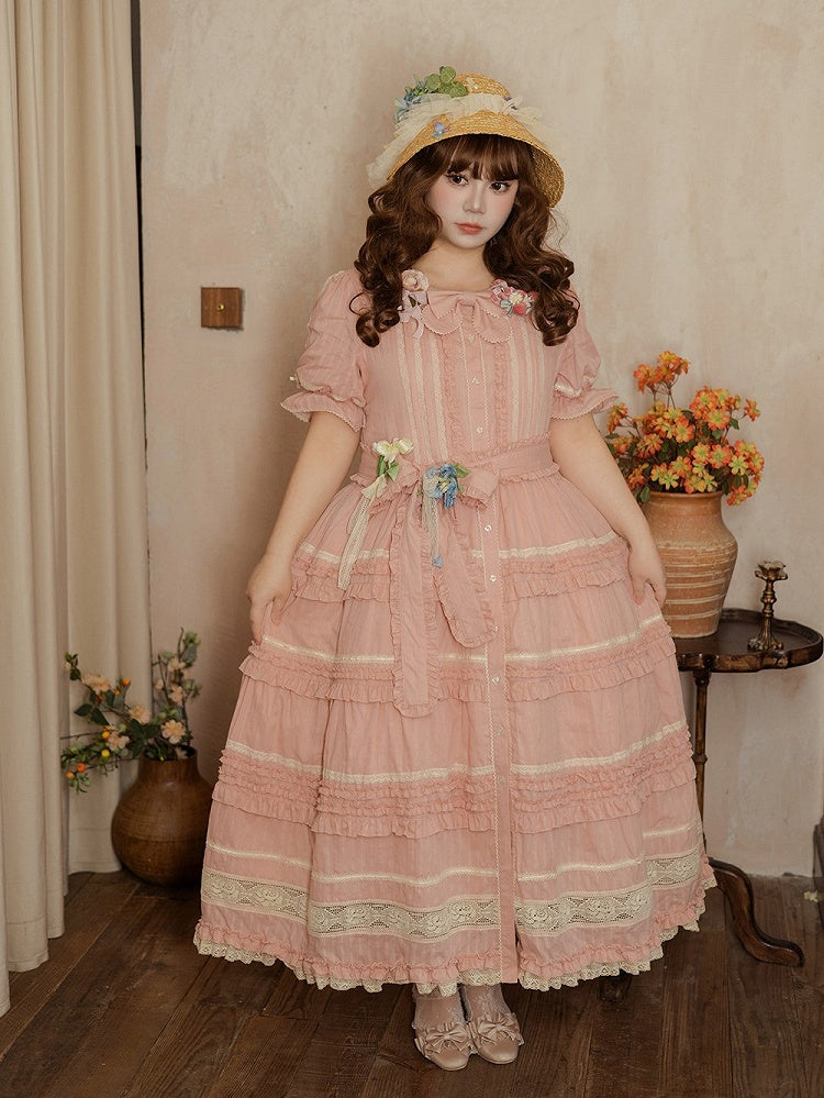 Pink Layered Ruffles Elegant Dress with Front Buttons - Miss Point