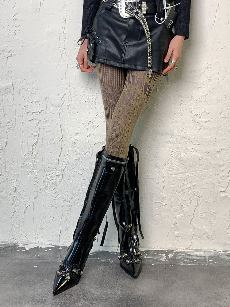 Wasteland Punk – Asymmetrische Strumpfhose mit Cut-outs in Hellkaffee
