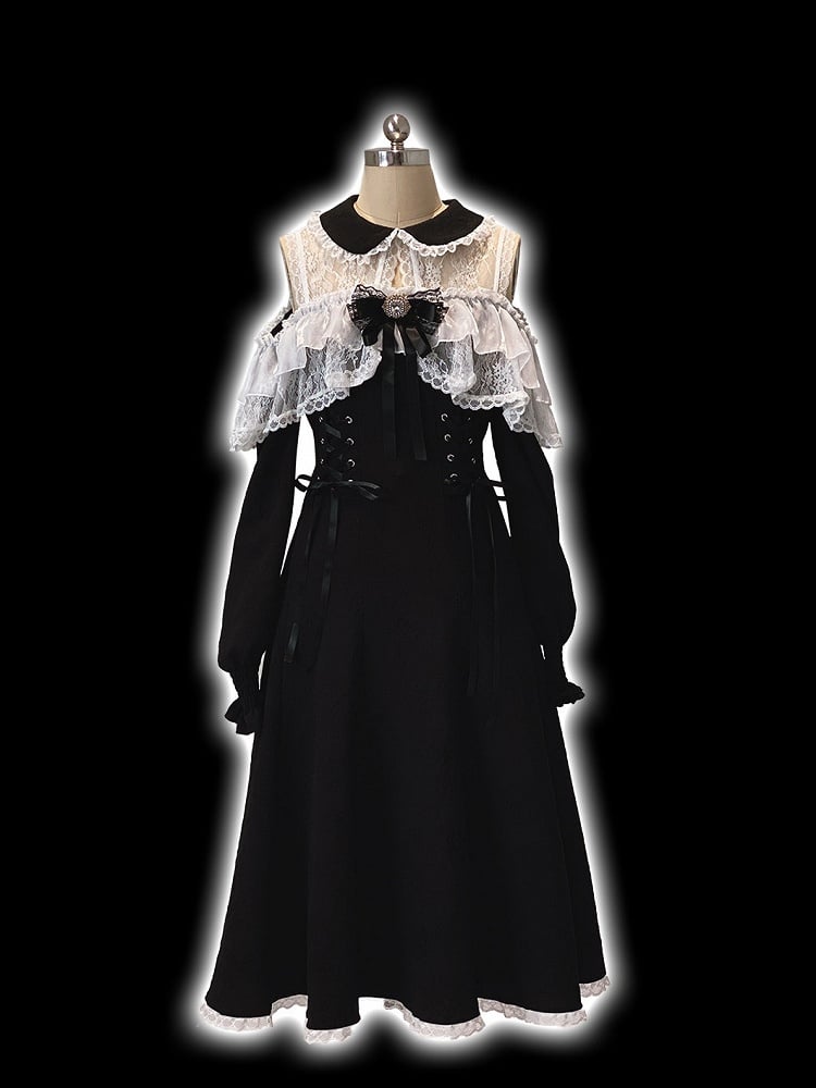 Jirai Dress Version Kei Long-Sleeve Bow Rhinestone Cutout White Shoulder Black Decor Lace Long